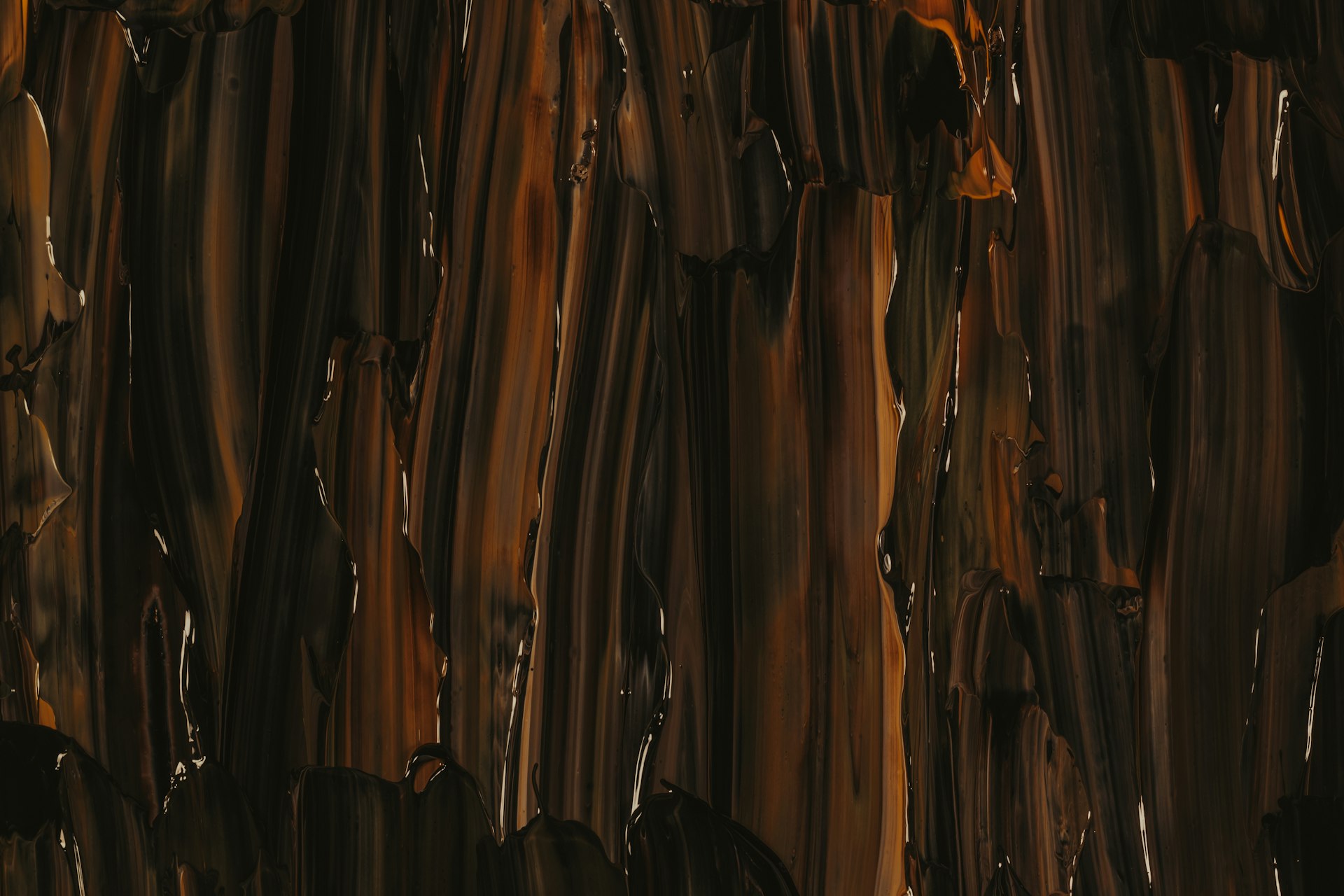 Dark organic paint texture in warm browns and blacks, smeared vertically